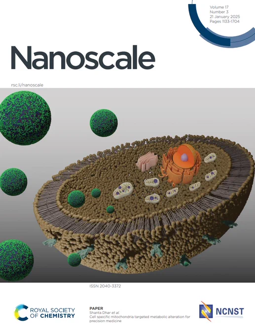 Artwork on grey background showing a cell with bilayer membrane and internal structures including mitochondria. Outside/inside/on surface of the cell are green/blue particles.
