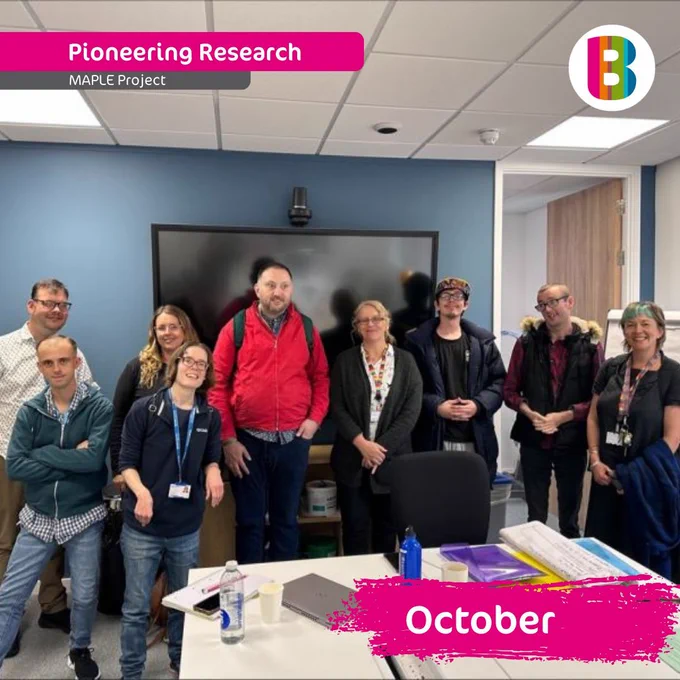A group of people in a meeting room. Includes text: Pioneering Research: MAPLE Project