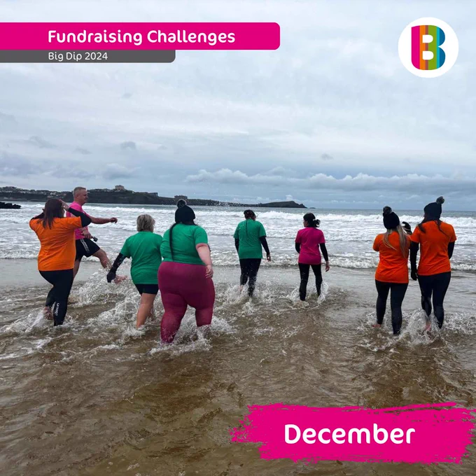 A large group of people walking into the sea. Includes text: Fundraising Challenges: Big Dip 2024