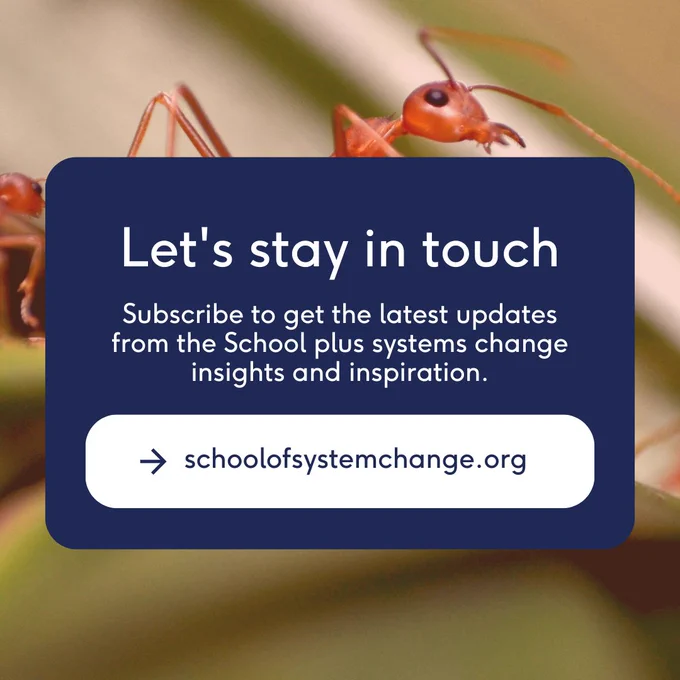 Graphic promoting the School newsletter. Title reads 'Let's stay in touch'. Body text reads 'Subscribe to get the latest updates from the School plus systems change insights and inspiration.'