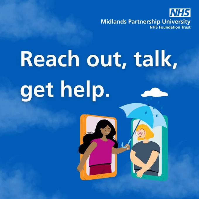 Blue background with text that reads 'Reach out, talk, get help. Cartoon image of two women leaning out of phones. One woman holds an umbrella over the other woman with a rain cloud above.