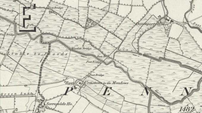 A detail from a black and white map showing farmland 'Liable to Floods'.  Ordnance Survey Lancashire sheet 102, surveyed 1845-7. National Library of Scotland.