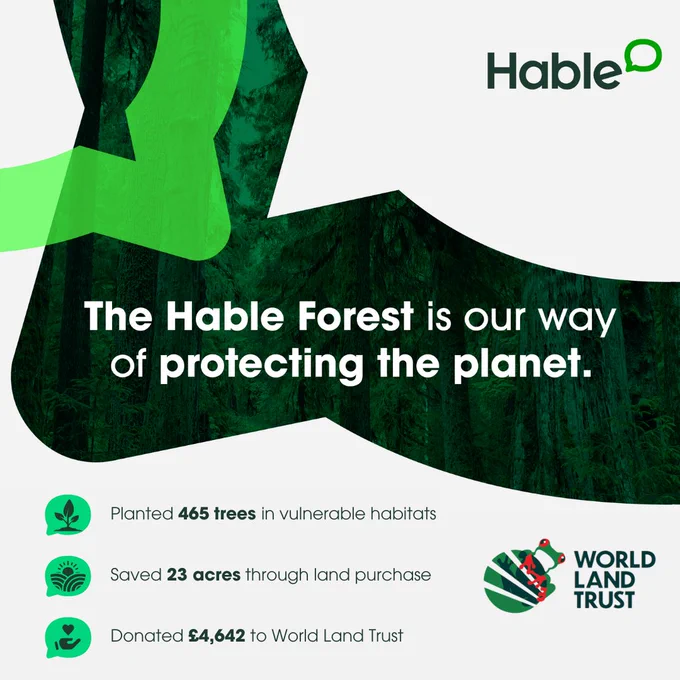 "The Hable Forest is our way of protecting the planet. Planted 465 trees in vulnerable habitats, Saved 23 acres through land purchase, Donated £4,642 to World Land Trust." - Includes Hable logo and World Land Trust logo. 