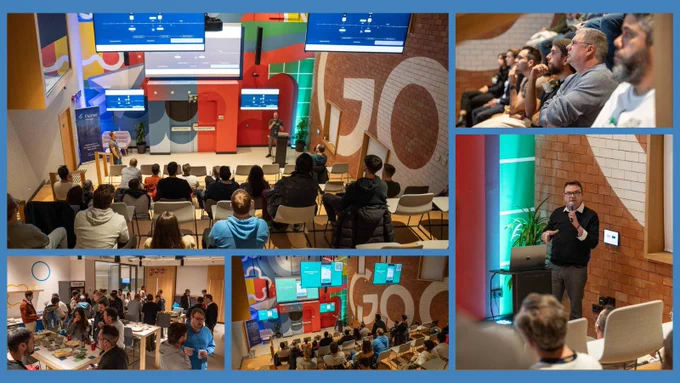 Collage de fotos sobre nuestro evento FlutterInProduction Extended, en Málaga, con la comunidad en las instalaciones del GSEC