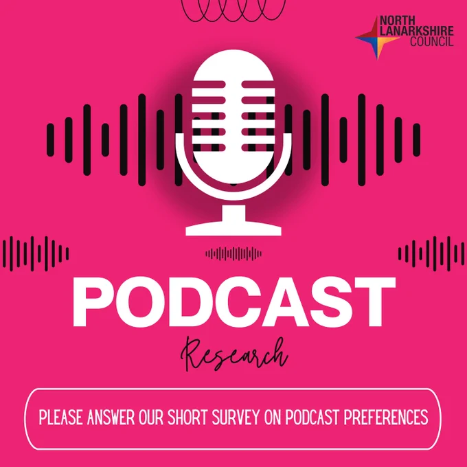 Pink poster with a black soundwave and white microphone with the text saying. Podcast research. Please answer our short survey on podcast preferences