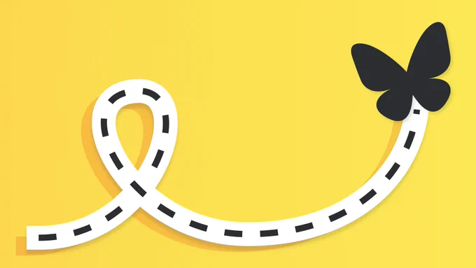 A graphic of a winding road with a butterfly at the end of it, on a yellow background