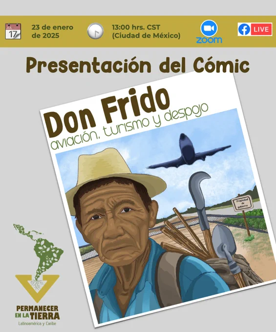 Presentación del cómic Don Frido - Aviación, turismo y despojo, 23 enero 2025, 13:00 CTS (Ciudad de México), Zoom

Presentation of the comic Don Frido - Aviation, tourism and dispossession, 23 January, 13 CTS (Mexico City), Zoom