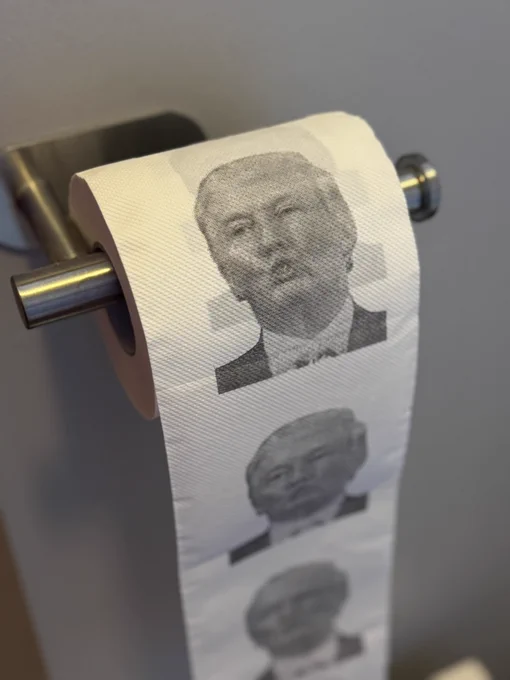Toilet paper with an image of Donald Trump on it