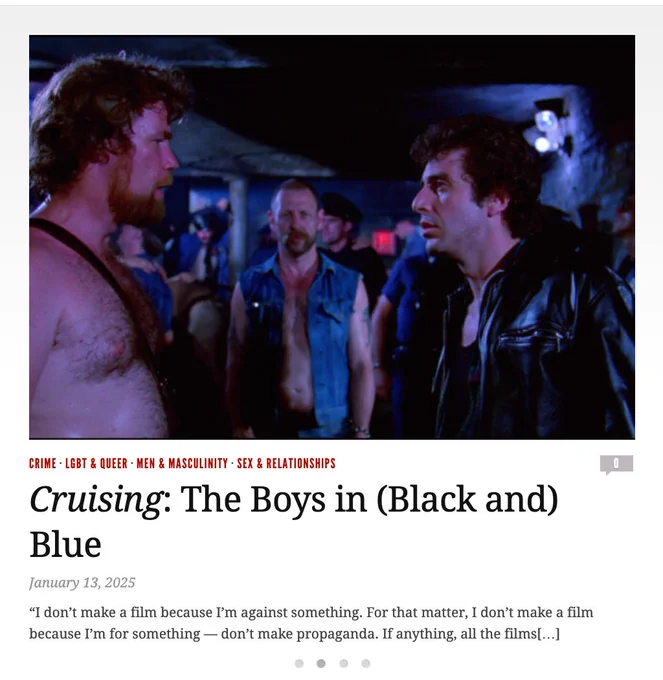 A screenshot of the online essay "Cruising: The Boys in (Black and) Blue" showing a large still from the film in which two men confront each other in a leather bar.