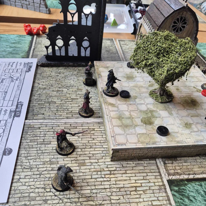 Pirate miniatures during a game of Forbidden Psalm.