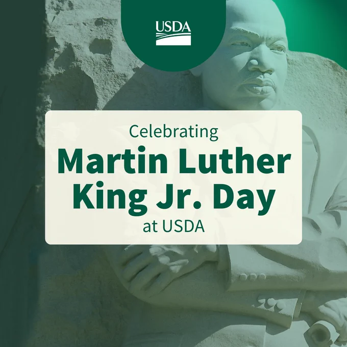 Martin Luther King Jr. Memorial with a green overlay. USDA logo is at the top with text "Celebrating Martin Luther King Jr. Day at USDA" in the middle. 