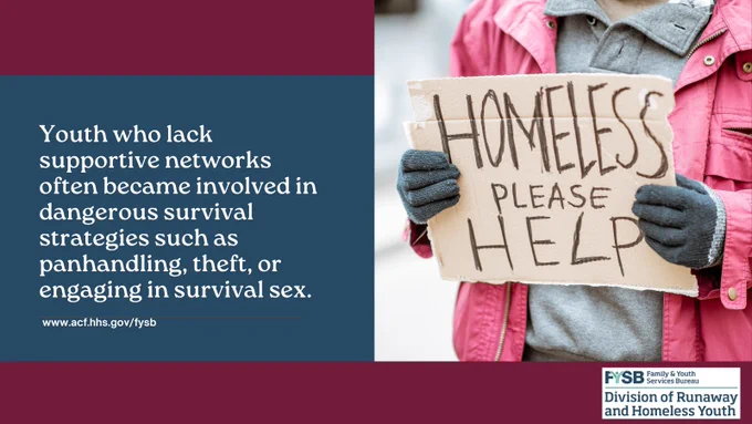 Individual holding a cardboard sign that reads 'HOMELESS PLEASE HELP.' Text reads, "Youth who lack supportive networks often become involved in dangerous survival strategies such as panhandling, theft, or engaging in survival sex."