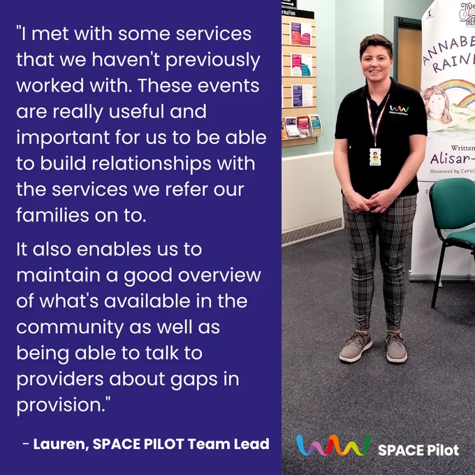 "I met with some services that we haven't previously worked with. These events are really useful and important for us to be able to build relationships with the services we refer our families on to. It also enables us to maintain a good overview of what's available in the community as well as being able to talk to providers about gaps in provision." Photo of Lauren, a woman in a black Ways to Wellness polo shirt standing in an indoor event space beside several information stands.