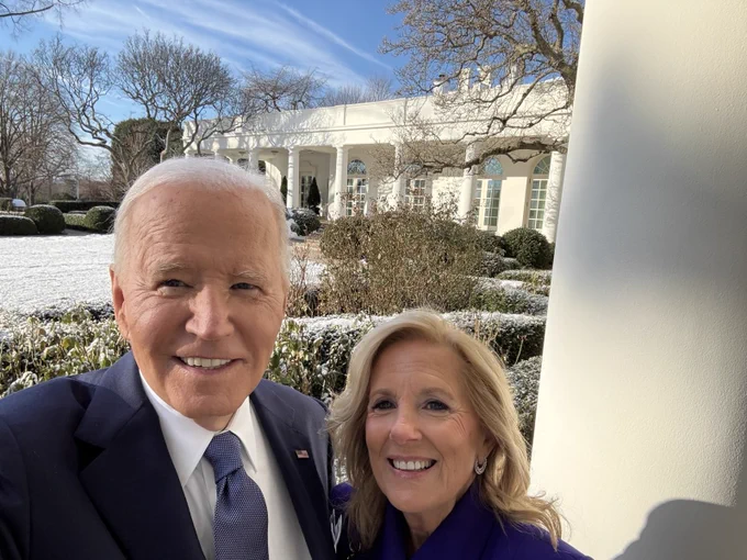 President Joe Biden and First Lady Jill Biden take a selfie in the West Colonnade.