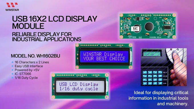 Plus Opto has released the Winstar WH1602BU a 16x2 character USB LCD display module with LED backlight featuring the ST7066 controller IC integrating USB-to-UART

Supports USB 2.0 Full Speed (12Mbps) CDC (Communication Device Class) protocol, enabling easy LCM control and power delivery.



The module is compatible with Windows 7/8/10/11, ensuring easy integration with a variety of operating systems.

Mechanically compatible with the WH1602BR (UART interface) and WH1602B (6800 interface) models, with the key difference being the inclusion of a USB receptacle for direct USB connectivity.

Operating voltage range of 4.5V to 5.5V (typical 5V), the WH1602BU supports an operating temperature range of -20°C to  70°C and storage temperatures from -30°C to  80°C, making it suitable for a wide range of industrial and commercial applications.