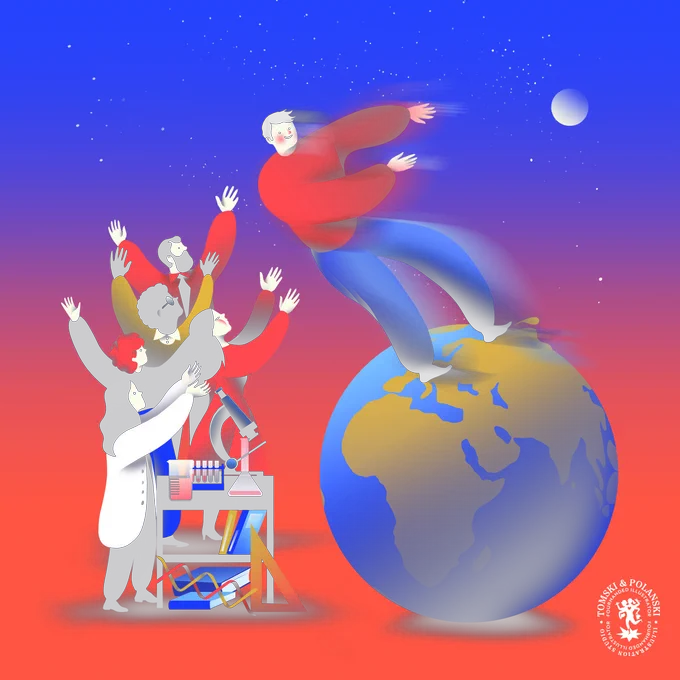 Graphic depicting a person standing on the world globe leaning backwards into the arms of a group of scientists. Image by Tomski&Polanski Illustration Studio