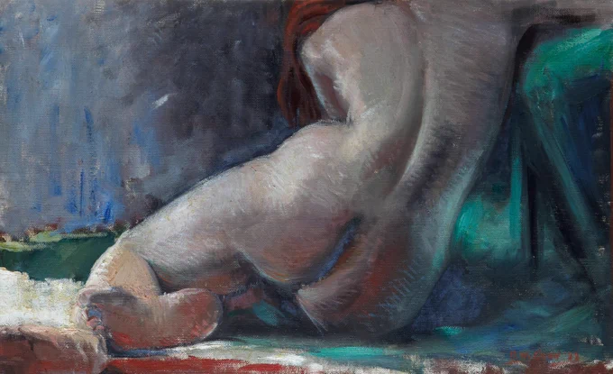 This painting is Reclining Nude by David William Gunn (1865 - 1935). It shows a nude woman seated on an iridescent, blue-green textile with her back to the viewer. She has pale white skin and chestnut red hair, which is visible hanging over her left shoulder.