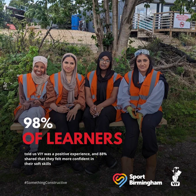 Four volunteers wearing hi-vis vests sit on a bench with foliage in the background, smiling at the camera. A text overlay states positive feedback statistics from learners involved in a project with Sport Birmingham and VIY. #SomethingConstructive is visible at the bottom.