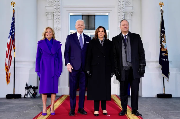 President Joe Biden, Vice President Kamala Harris, First Lady Jill Biden, Second Gentleman Douglas Emhoff gather on the North Portico for the final time.