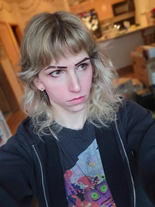 A selfie of me, a blonde white woman with shaggy shoulder-length hair and choppy bangs. I've got a face of full makeup, winged eyeliner and blocky brown eyebrows, with a slit cut in the left one. I have thick pink blush on my cheeks and nose, which matches my lip gloss. I'm wearing simple silver earrings with a pointed cross shape, and a silver chain around my neck. As a top I've got a black t-shirt with a purple, orange, and green pop art design, and a black nondescript hoodie overtop. I'm looking neutrally to the side, my expression a bit stern. I'm lit by the bright light of a daytime window, and behind me the yellowish kitchen light of a decorated apartment. 