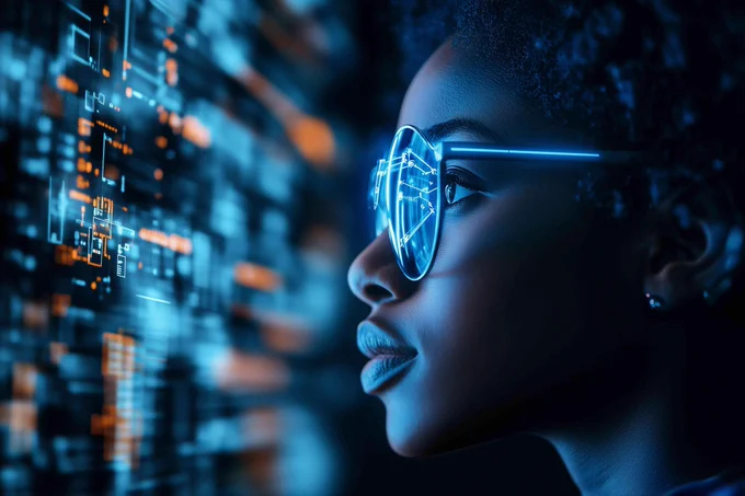 Futuristic image of a women looking at a screen