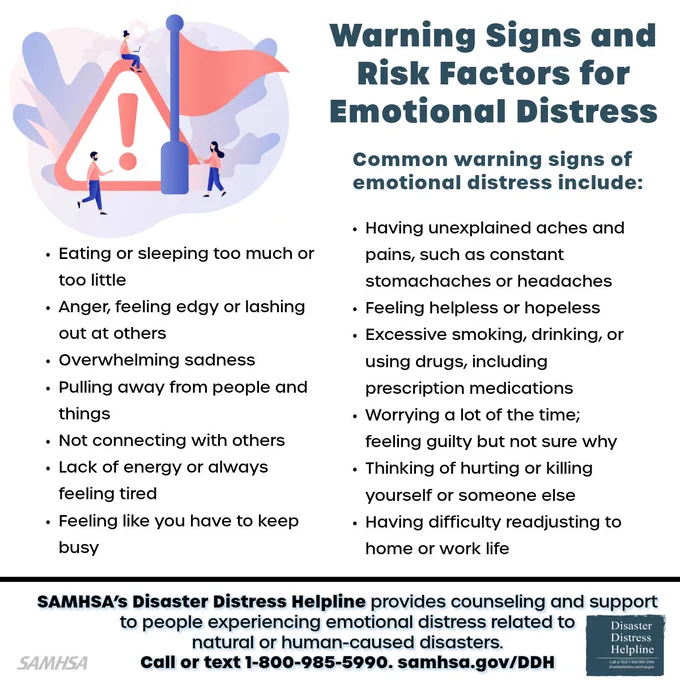 Warning Signs and Risk Factors for Emotional Distress' provided by SAMHSA, listing common warning signs such as changes in eating or sleeping habits, feelings of sadness or anger, and physical symptoms like headaches. Includes a graphic of a person sitting and another standing, both interacting with large, abstract representations of emotions. Contact information for SAMHSA’s Disaster Distress Helpline is provided for support.