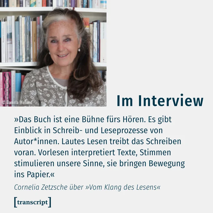 Das Buch-Cover mit einem O-Ton von Cornelia Zetsche zum Buch »Vom Klang des Lesens«:  
»Das Buch ist eine Bühne fürs Hören. Es gibt Einblick in Schreib- und Leseprozesse von Autor*innen. Lautes Lesen treibt das Schreiben voran. Vorlesen interpretiert Texte, Stimmen stimulieren unsere Sinne, sie bringen Bewegung ins Papier.«
https://www.transcript-verlag.de/978-3-8376-6987-9
