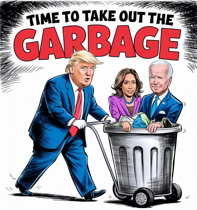 A political cartoon with Donald Trump in garbage man clothes pushing a garbage can on wheels that has kamala harris and joe biden inside. Large American colored Caption "time to take out the GARBAGE"