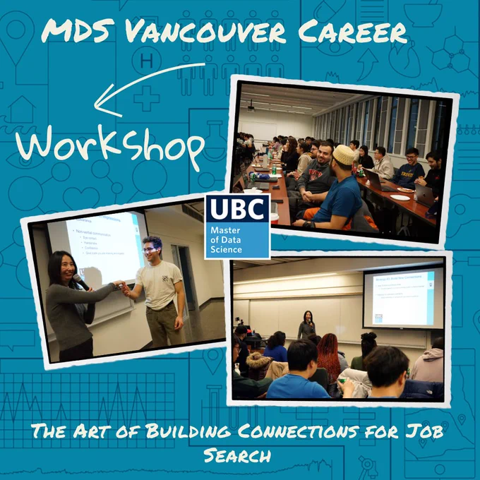 Angela in front of a class room presenting and students shaking hands and networking. In white text reads: MDS Vancouver Career Workshop. The Art of Building Connections for Job Search. 