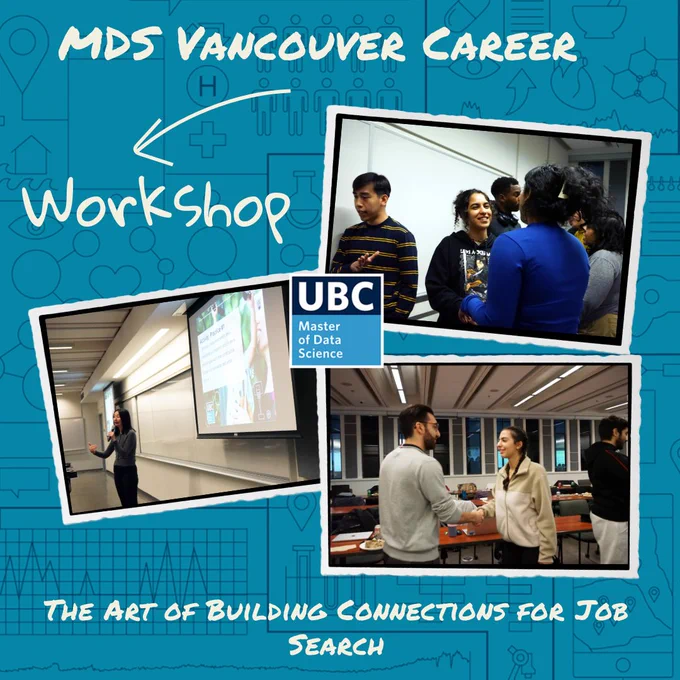 Angela in front of a class room presenting and students shaking hands and networking. In white text reads: MDS Vancouver Career Workshop. The Art of Building Connections for Job Search. 