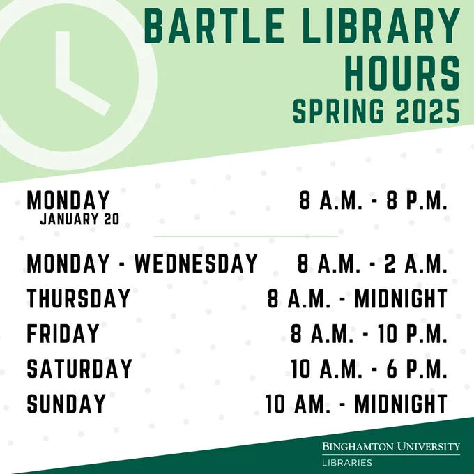 Green and white striped background with illustration of a clock. Text reads: Bartle Library Hours, Spring 2025. Monday, January 20 8 a.m. - 8 p.m. Monday through Wednesday, 8 a.m. - 2 a.m. Thursday 8 a.m. - Midnight. Friday, 8 a.m. - 10 p.m. Saturday 10 a.m. - 6 p.m. Sunday 10 a.m. - Midnight.