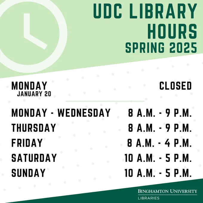 Green and white striped background with illustration of a clock. Text reads: UDC Library Hours, Spring 2025. Monday, January 20 Closed. Monday through Wednesday, 8 a.m. - 9 p.m. Thursday 8 a.m. - 9 p.m. Friday, 8 a.m. - 4 p.m. Saturday 10 a.m. - 5 p.m. Sunday 10 a.m. - 5 p.m.