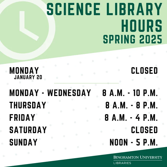 Green and white striped background with illustration of a clock. Text reads: Science Library Hours, Spring 2025. Monday, January 20 Closed. Monday through Wednesday, 8 a.m. - 10 p.m. Thursday 8 a.m. - 8 p.m. Friday, 8 a.m. - 4 p.m. Saturday Closed Sunday noon to 5 p.m.