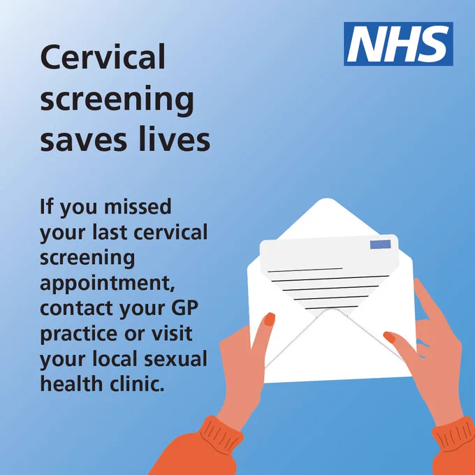 An illustration of a person holding an open letter. Text reads 'Cervical screening saves lives. If you missed your last cervical screening appointment, contact your GP practice or visit your local sexual health clinic.'