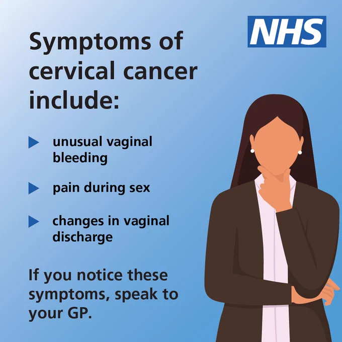An illustration of a woman with long straight hair. Text reads 'Symptoms of cervical cancer include: unusual vaginal bleeding. Pain during sex. Changes in vaginal discharge. If you notice these symptoms, speak to your GP.'