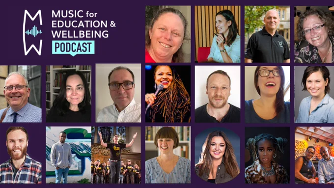 Grid of faces of people smiling, all guests on the Music for Education & Wellbeing podcast