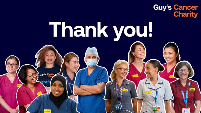 A collage of Guy's Cancer staff on a navy blue background, with text above that says 'Thank you!'.