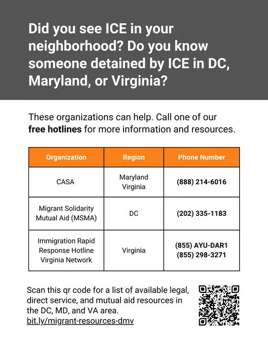Did you see ICE in your neighborhood? Do you know someone detained by ICE in DC, Maryland, or Virginia?

These organizations can help. Call one of our free hotlines for more information and resources.

CASA (Maryland, Virginia): (888) 214-6016
Migrant Solidarity Mutual Aid (DC): (202) 335-1183
Immigration Rapid Response Hotline Virginia Network (Virginia): (855) 298-3271


List of available legal, direct service, and mutual aid resources in the DC, MD, and VA area: bit.ly/migrant-resources-dmv