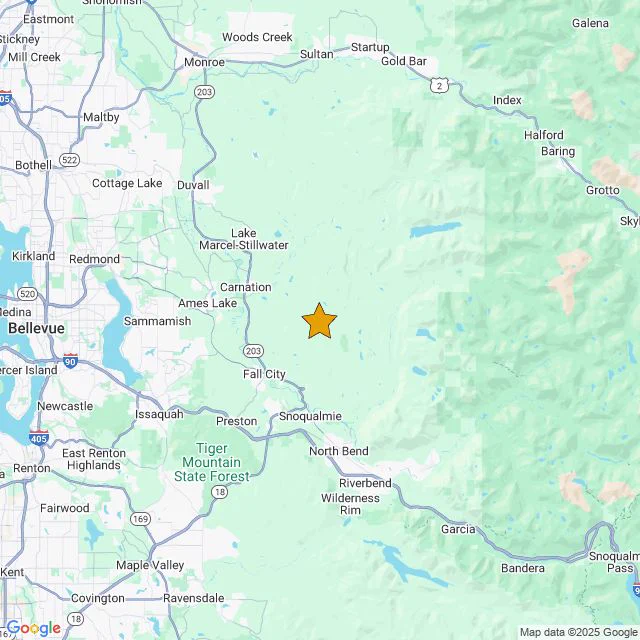 Map with a star marker for the magnitude 3.0 earthquake located 6.7 km ENE from Fall City, WA