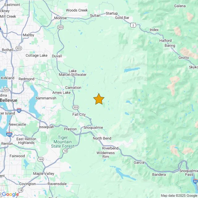 Map with a star marker for the magnitude 3.6 earthquake located 7.4 km ENE from Fall City, WA