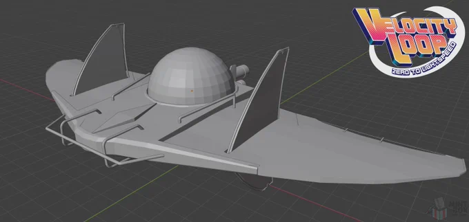in-development grey flat shade 3d model screenshot from the game Velocity Loop Zero to Lightspeed showing off a new playable race vehicle, the unnamed vehicle is seen from a high angle looking downward from the front to the back showing off the front upper portion of the kite-like space vehicles long horizontal hangglider like wingspan with a large glass globe cockpit in the centre and on each side are two upright smaller vertical wings with safety bars on the nose of the vehicle