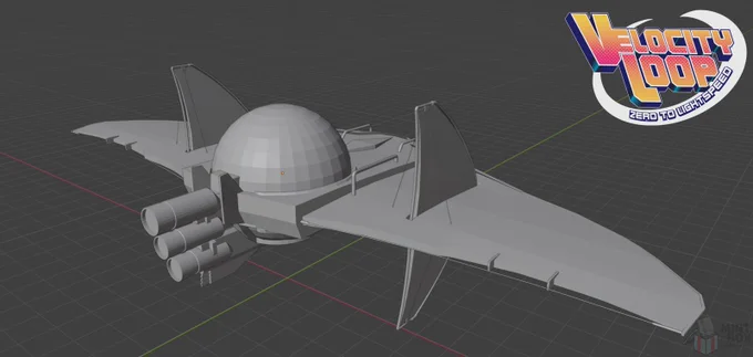in-development grey flat shade 3d model screenshot from the game Velocity Loop Zero to Lightspeed showing off a new playable race vehicle, the unnamed vehicle is seen from a high angle looking downward from the back to the front showing off the rear upper portion of the kite-like space vehicles long horizontal hangglider like wingspan with a large glass globe cockpit in the centre and on each side are two upright smaller vertical wings with safety bars on the nose of the vehicle and three vertically stacked engines. 