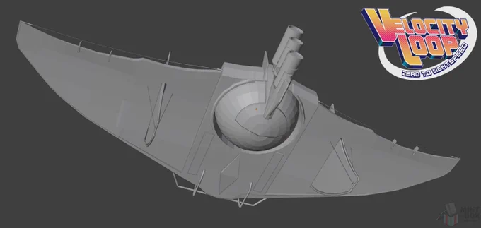 in-development grey flat shade 3d model screenshot from the game Velocity Loop Zero to Lightspeed showing off a new playable race vehicle, the unnamed vehicle is seen from a low an angle looking upwards at the underside from the front to the back showing off the rear lower  portion of the kite-like space vehicles long horizontal hangglider like wingspan with a large glass globe cockpit in the centre and on each side are two upright smaller vertical wings with safety bars on the nose of the vehicle and three vertically stacked engines with its landing gear slots and safety bars