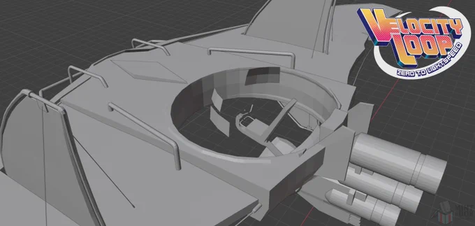 in-development grey flat shade 3d model screenshot from the game Velocity Loop Zero to Lightspeed showing off a new playable race vehicle, the unnamed vehicle is seen from a high zoomed in angle looking downward at the cockpit, the large globe cockpit is removed showing the mounted armature chair with floating HUD screens around it 
