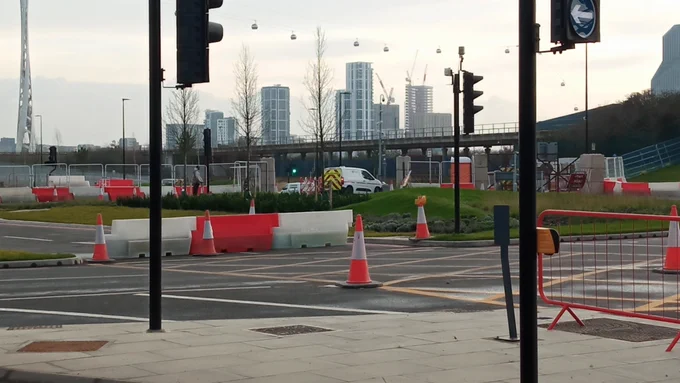 In the distance (centre of photo)... the traffic lights for a toucan crossing on the (unopened) Dock Rd are already operational