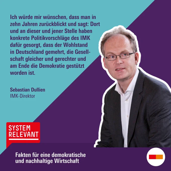 Zitat von Sebastian Dullien, IMK-Direktor: "Ich würde mir wünschen, dass man in zehn Jahren zurückblickt und sagt: Dort und an dieser und jener Stelle haben konkrete Politikvorschläge des IMK dafür gesorgt, dass der Wohlstand in Deutschland gemehrt, die Gesellschaft gleicher und gerechter und am Ende die Demokratie gestützt worden ist."