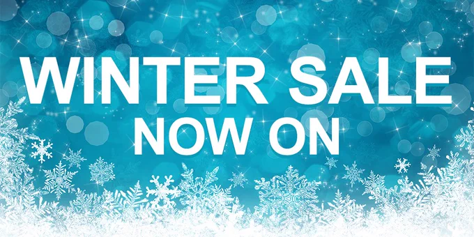 Blue banner with white text and a wintery background, reading 'Winter Sale now on'.