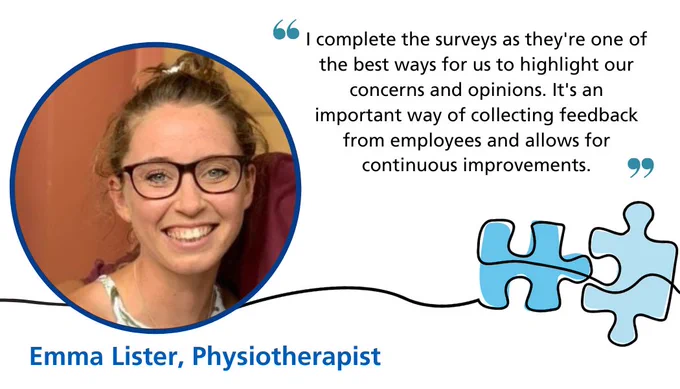 Photo of Emma  smiling with an image of a jigsaw and text reading 'I complete the surveys as they're one of the best ways for us to highlight our concerns and opinions. It's an important way of collecting feedback from employees and allows for continuous improvements.' Emma Lister, Physiotherapist