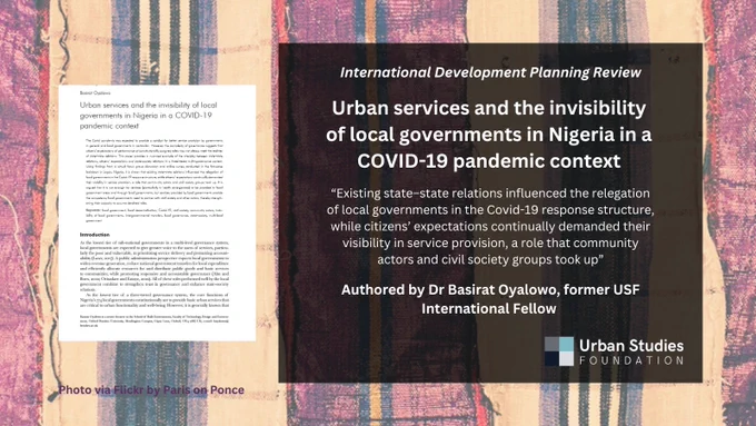 Flyer with USF logo and the cover of the paper "Urban services and the invisibility of local governments in Nigeria in a COVID-19 pandemic context" Authored by Dr Basirat Oyalowo, former USF International Fellow on a Photo via Flickr by Paris on Ponce