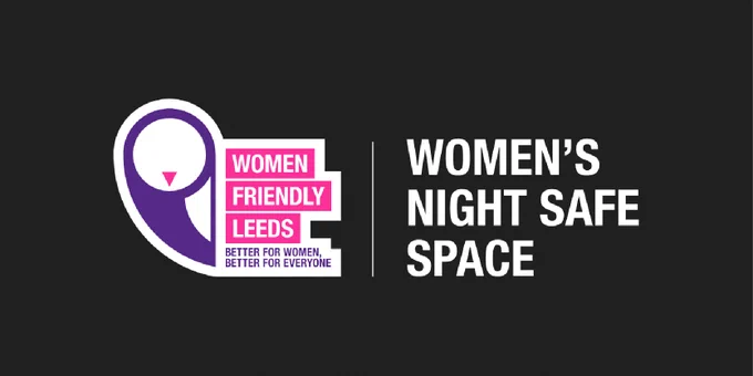 A black graphic with the Women Friendly Leeds logo next to white text that reads 'Women's Night Safe Space'. 